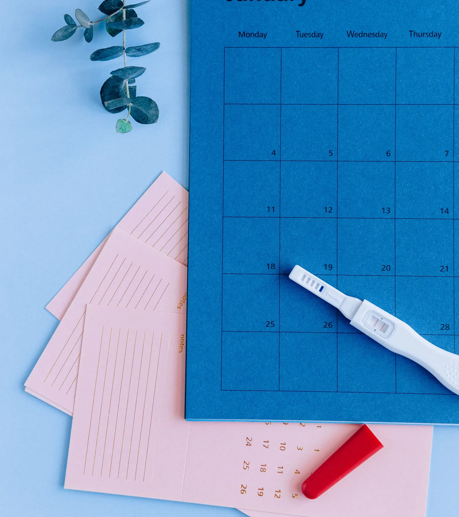 A blue wall calendar with a pregnancy test lying across it